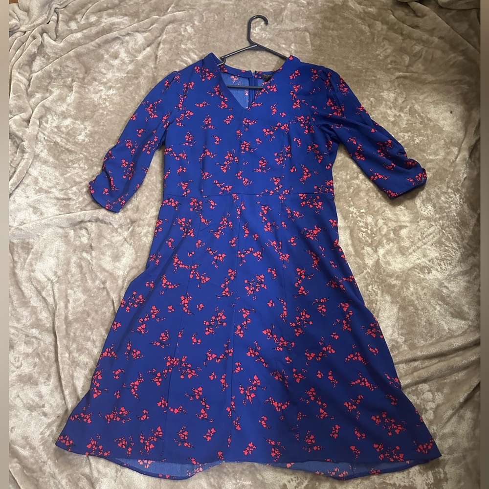 Ann Taylor Blue 3/4 Sleeve Dress with Red Floral